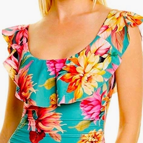 La Blanca Women's Off Shoulder Ruffle Blue One Piece Swimsuit - Picture 5 of 12